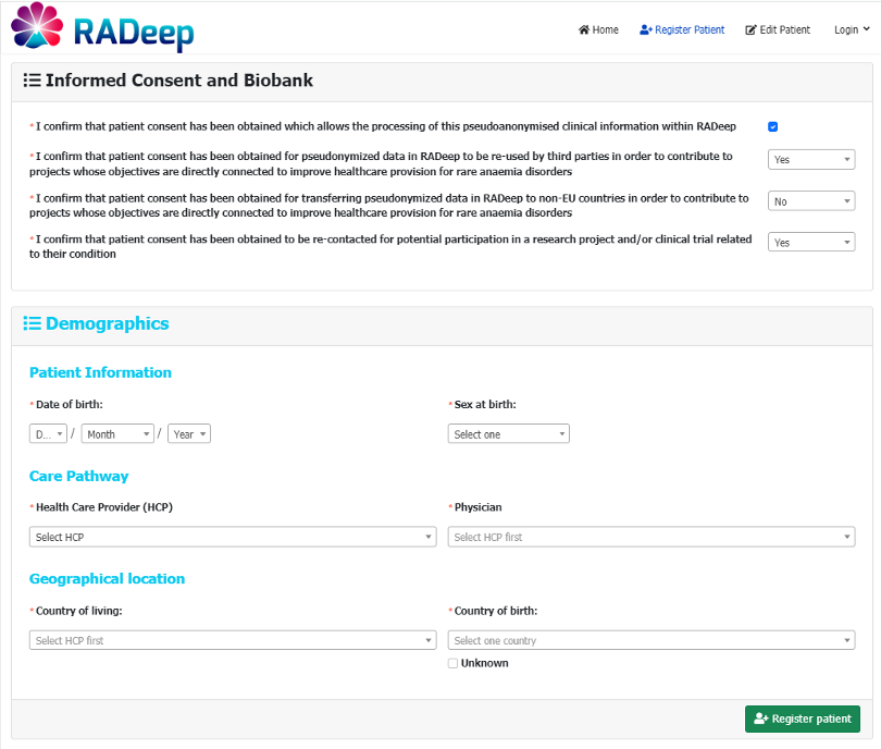 Patient registration page